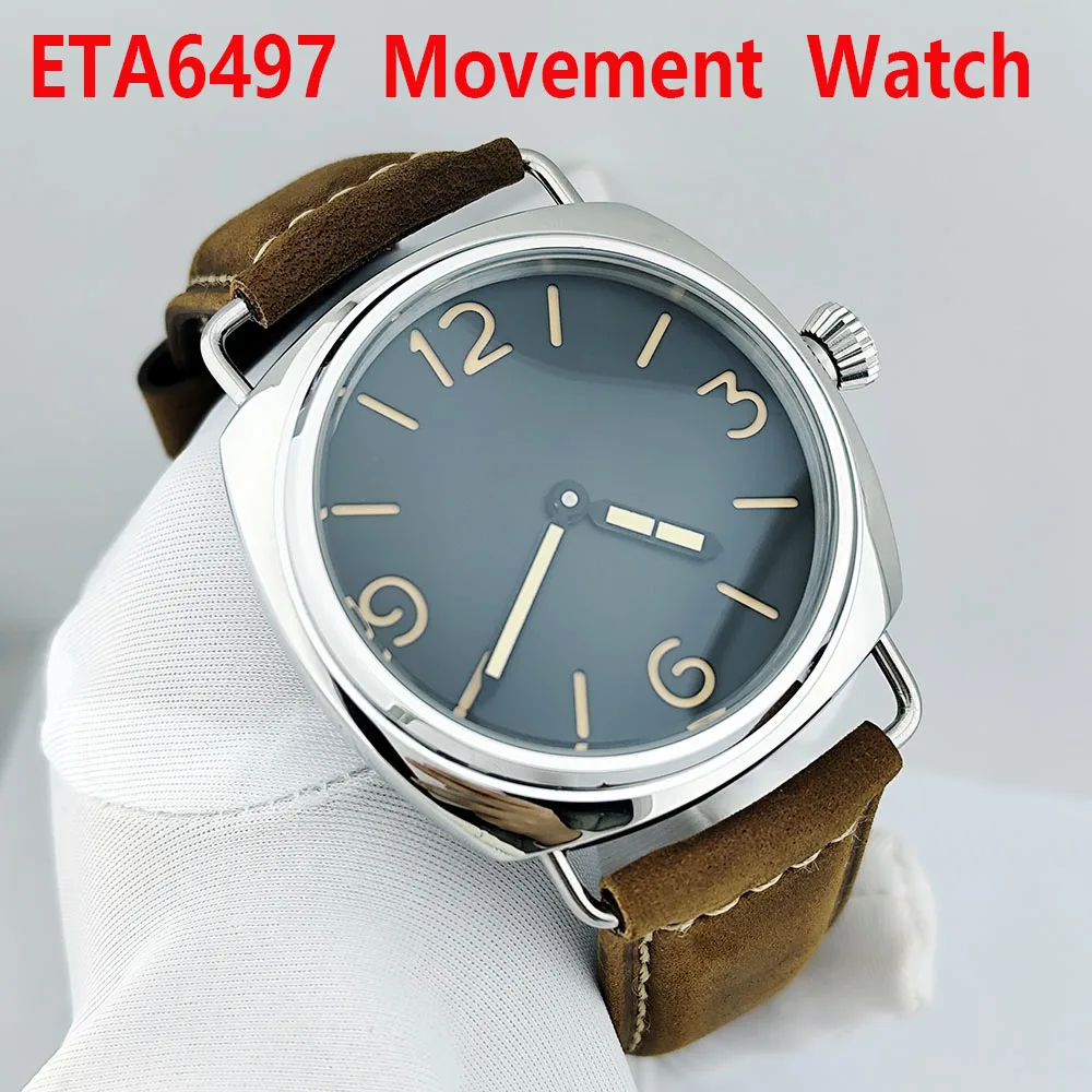 

ETA6497 Movement Case Seagull 45mm Case Green Glow Watch Men's Mechanical Watch Sports Watch Leather Strap