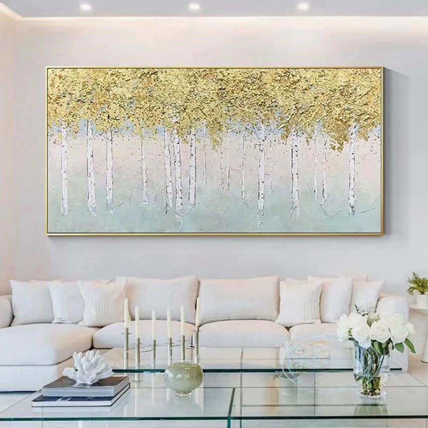

Hand Drawn Oil Painting Wall Art Canvas Poster Abstract Forest Home Decor Picture Living Room Bedroom Restaurant Gold Foil Mural