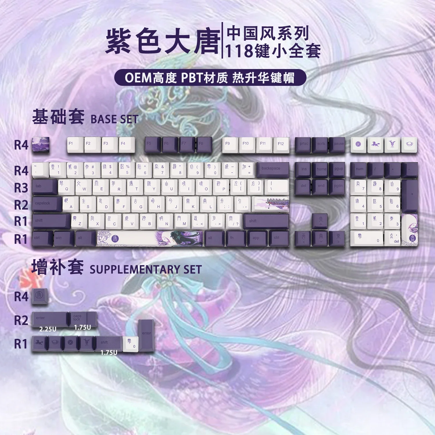 Purple PBT Five-Sided Sublimation Personalized Mechanical Keyboard Keycaps Flower OEM Height
