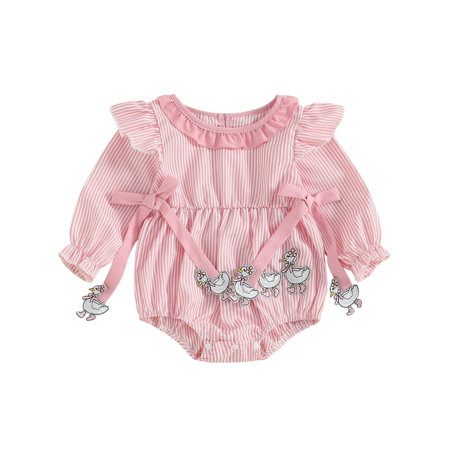 

Baby Girls Fall Romper Stripe Print Animal Embroidery Bow Long Sleeve Ruffled Round Neck Jumpsuit