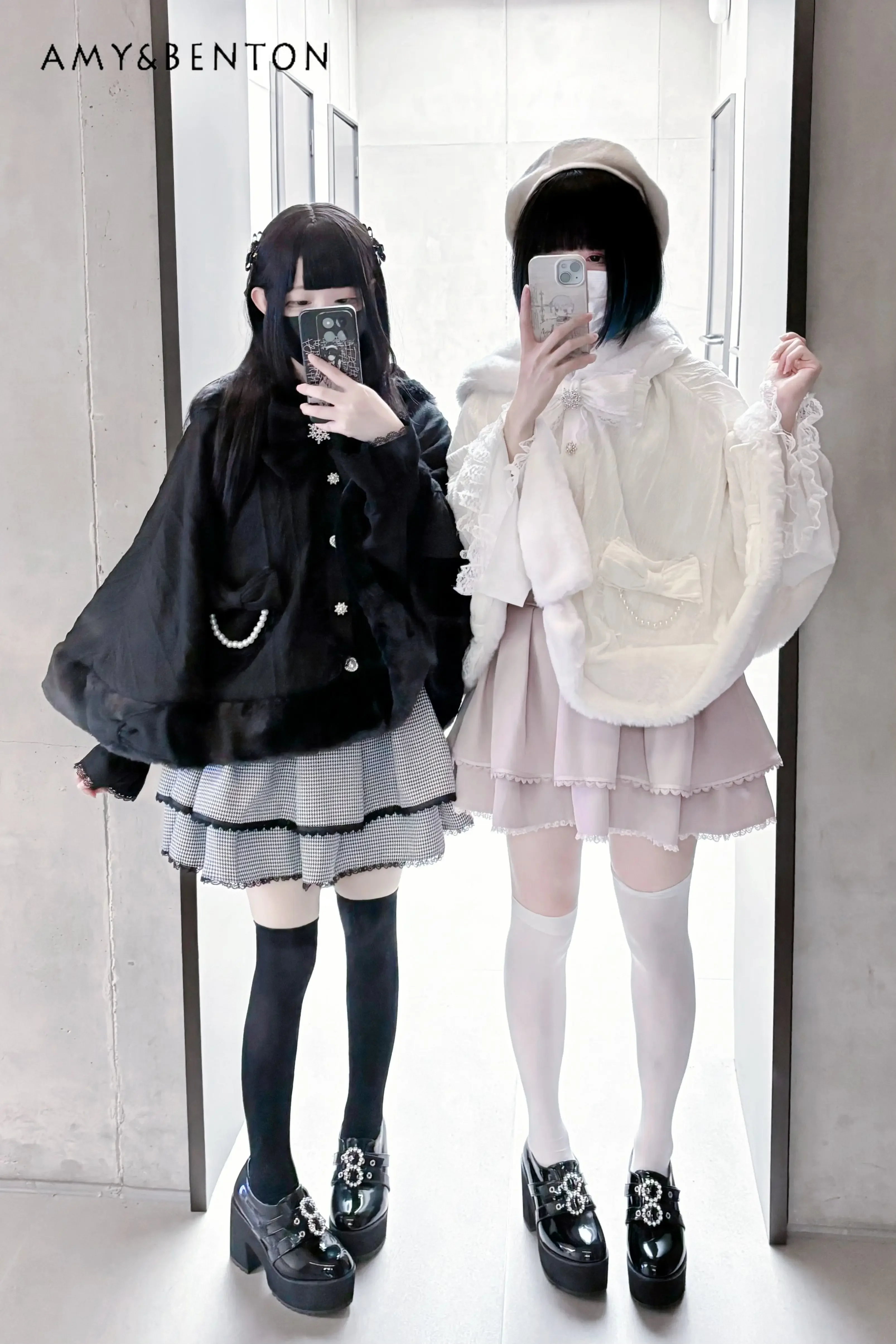 Japanese Mass-produced Mine Plush Rabbit-eared Hooded Cloak Jacket Thickened Cute Bow Pearl Pocket Single-breasted Lolita Cape