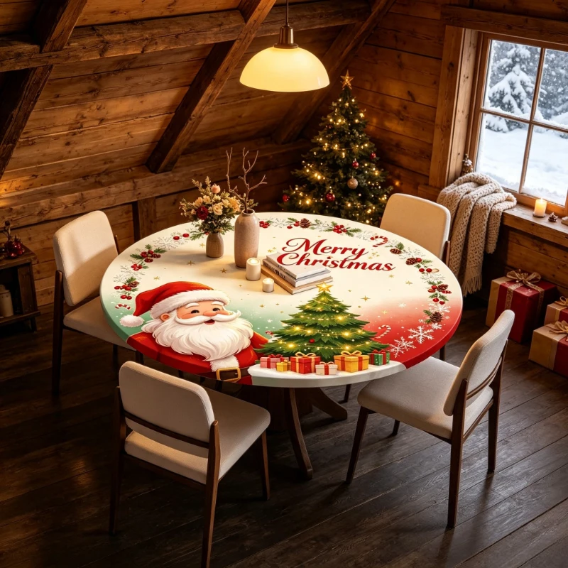 New Santa Claus Pattern Round Dining Table Cloth Easy‑Clean Splash-proof Oil‑Proof Table Cover for Christmas Family Gathering