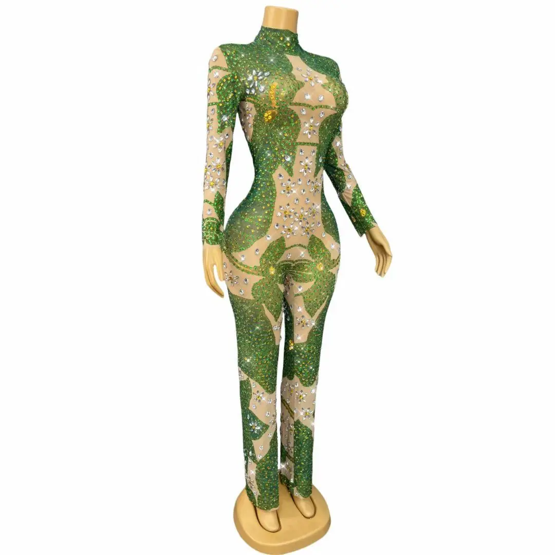 จั๊มสูทตาข่ายประดับคริสตัลวิบวับ ดีไซน์หรูหรา เซ็กซี่ เหมาะสำหรับงานแฟชั่นโชว์ งานปาร์ตี้ ชุดนักร้อง นักเต้น ชุดแสดงบนเวที