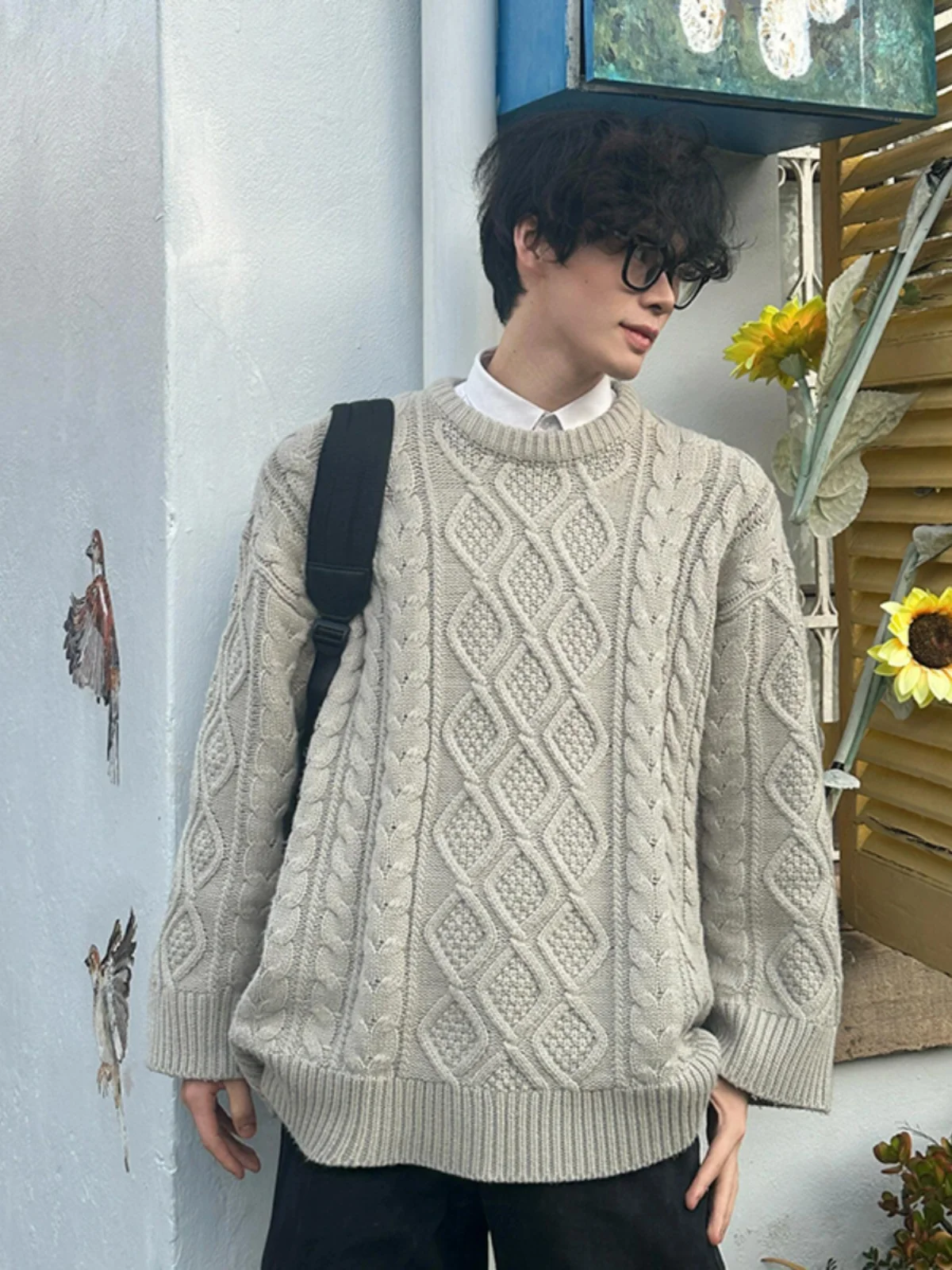 

Men's Autumn Winter Knitted Sweater Lazy Sle round Ne Twist Flower Boting High Sense Soft Comfortable Long Sve Top