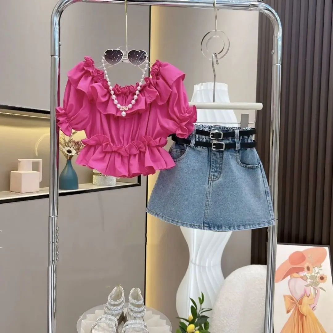 Girls Fashion Set – Ruffle Sleeve Top & High-Waisted Denim Skirt, Includes Belt, Cute Summer Outfit for Kids