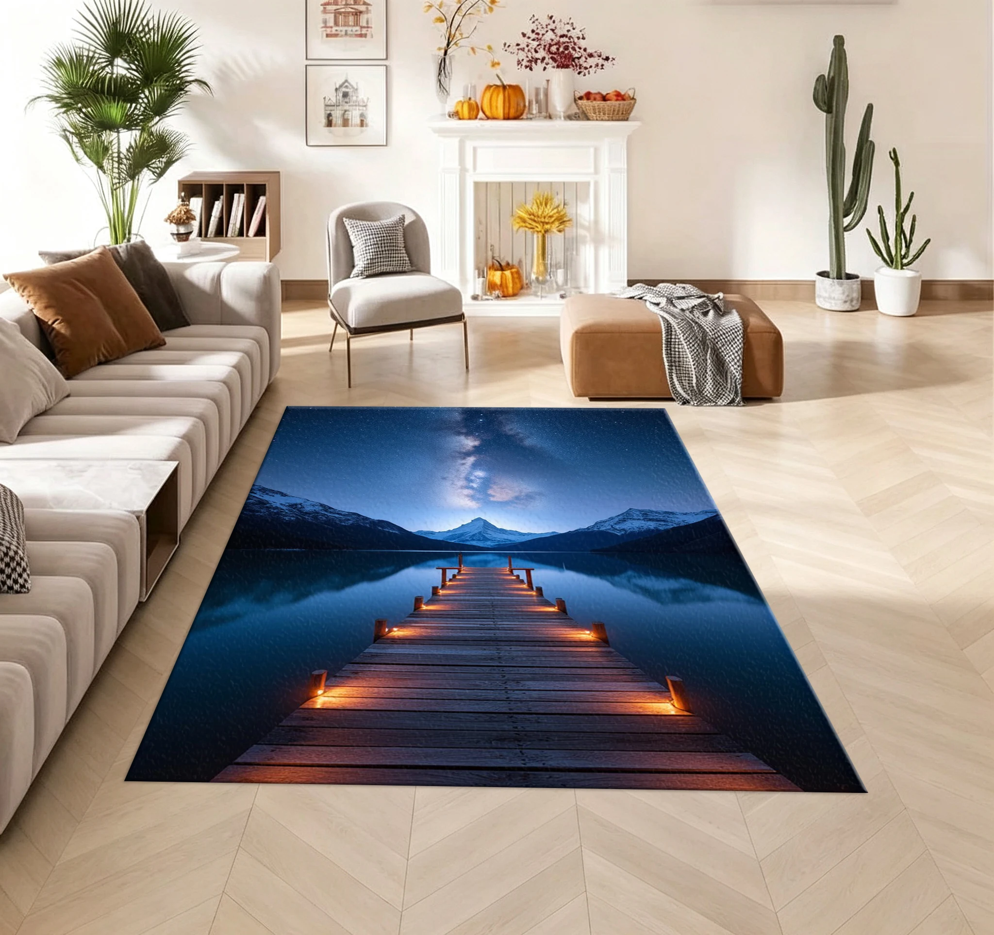 Night Sky Starry Lake Wooden Bridge Carpet Floor Home Carpet Indoor Living Space Decorative Floor Mat