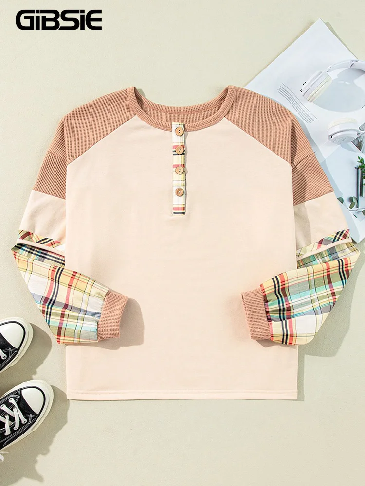GIBSIE Plus Size Plaid Splicing Long Sleeved T-shirt For Women 2025 Autumn O-Neck Button Front Casual Loose Matching Tee Tops
