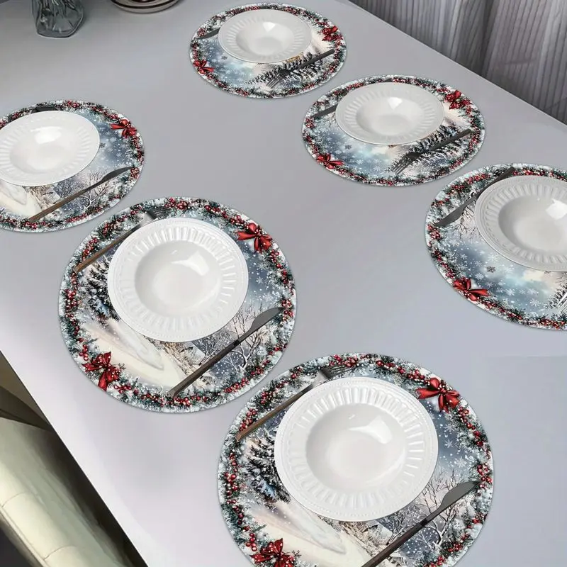 VIKAMA Christmas Placemats Snow House Forest Scene Linen Table Mats Set Dining Xmas Table Setting Home Decor