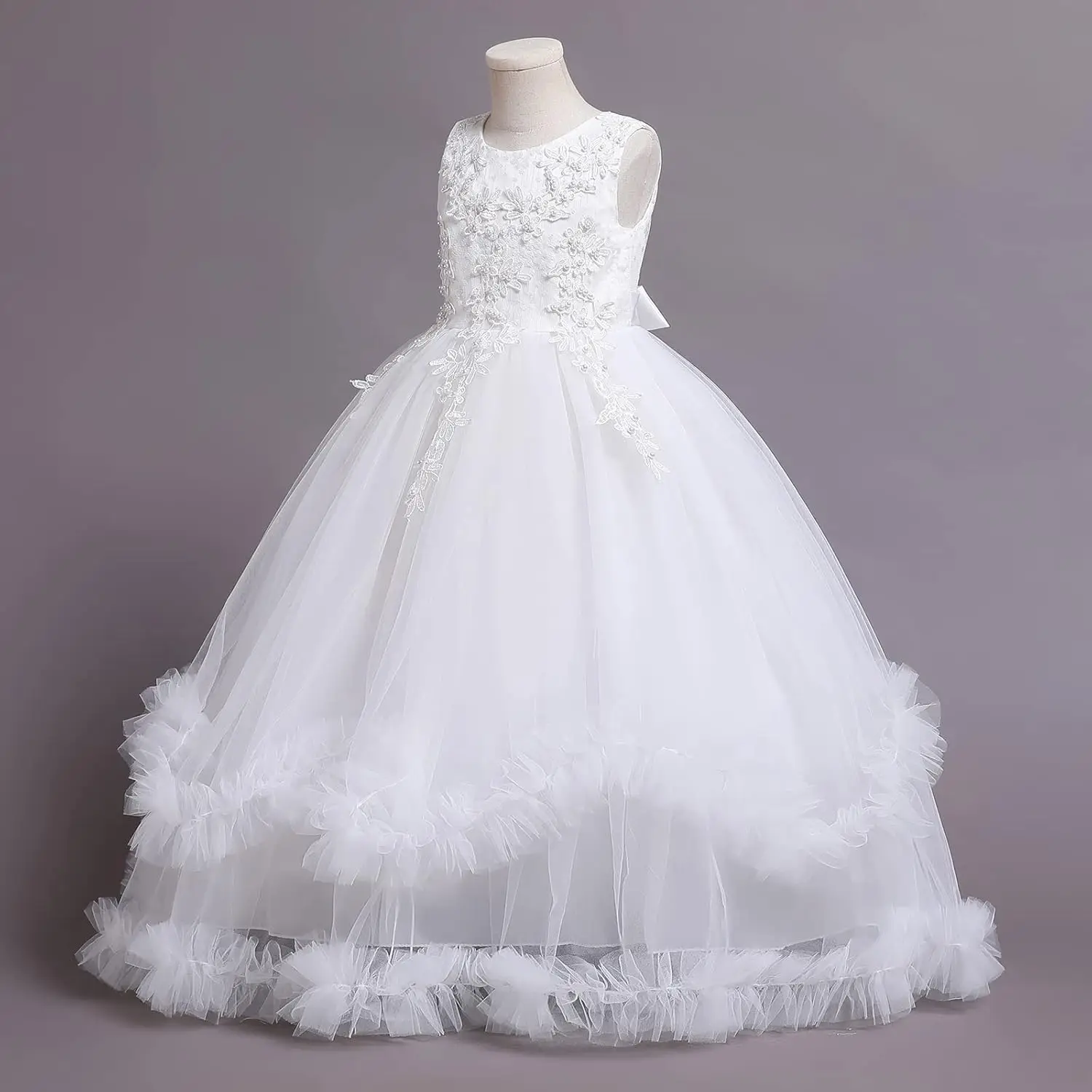 ノースリーブサテンレース刺繍誕生日パーティーダンスドレス、ゴージャスな聖餐式ドレス、花刺繍フリルフラワーガールドレス