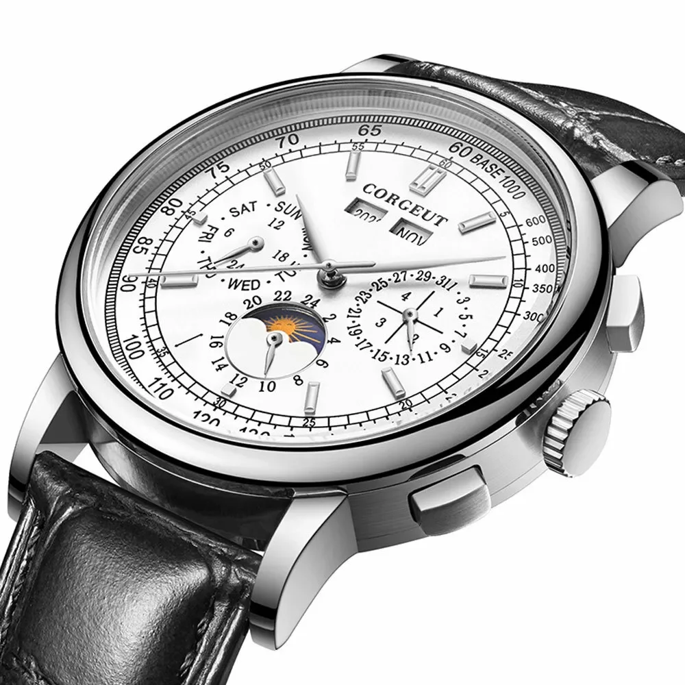 Corgeut 42mm White Multifunctional Date Day Week Month Dial Men Automatic Movement  Watch Black Leather Dress Strap Watch