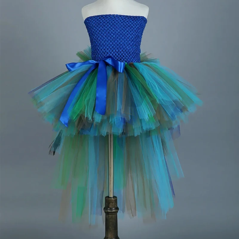 Girls Peacock Feather Princess Dress, High Low Skirt Fluffy Multi-Layer Dress with Long Tail Train, Kids Birthday Festival Dress