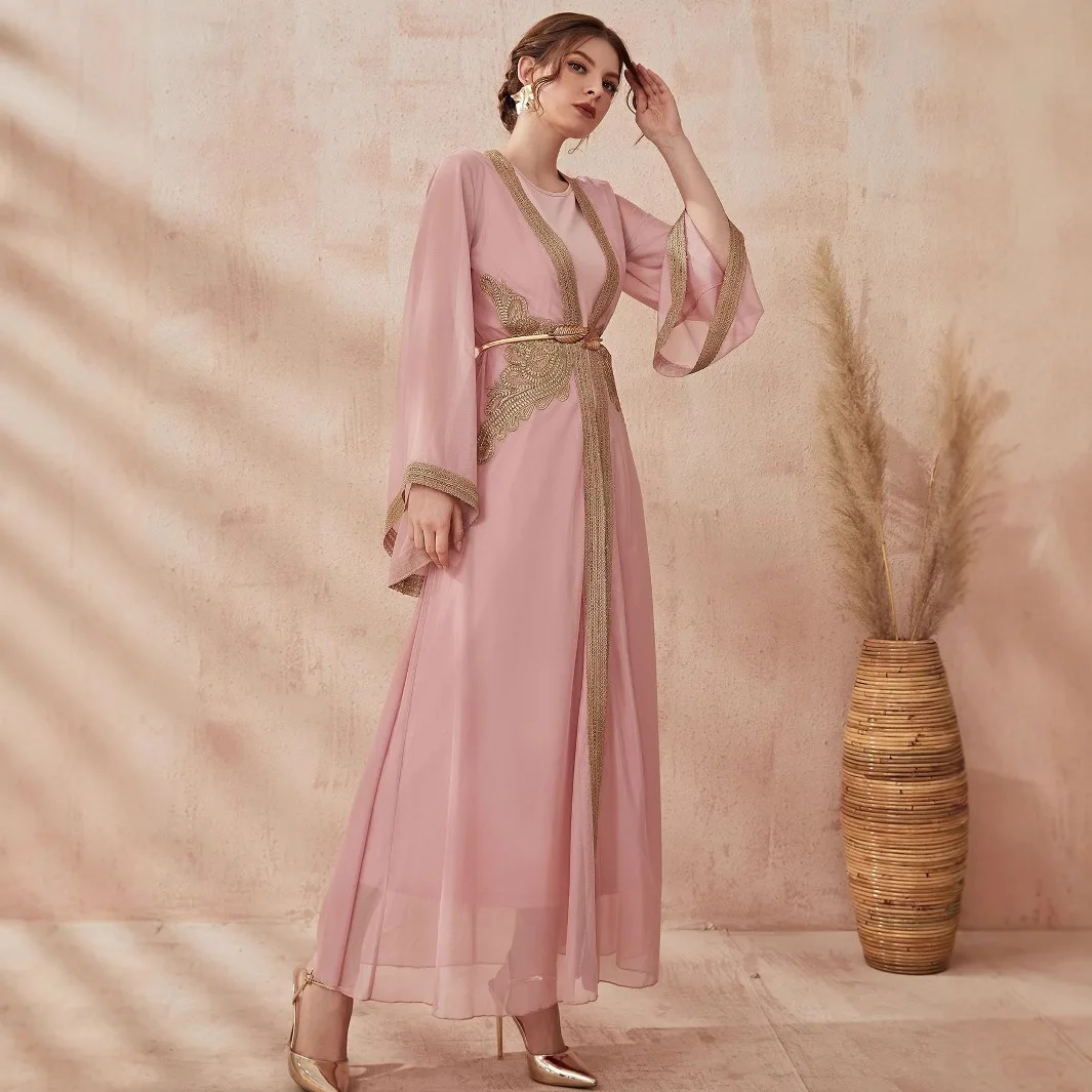 

Женский мусульманский костюм, платья Абая, кардиган, халат, комплект из 2 предметов, Джалабия, пояса, Рамадан, Дубай, открытые абайи, кафтан, Vestidos, арабское Марокко