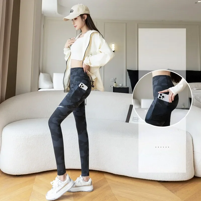 Mulheres camo tubarão calças de cintura alta bolso leggings tamanho grande elástico calças casuais moda magro yoga calças fitness