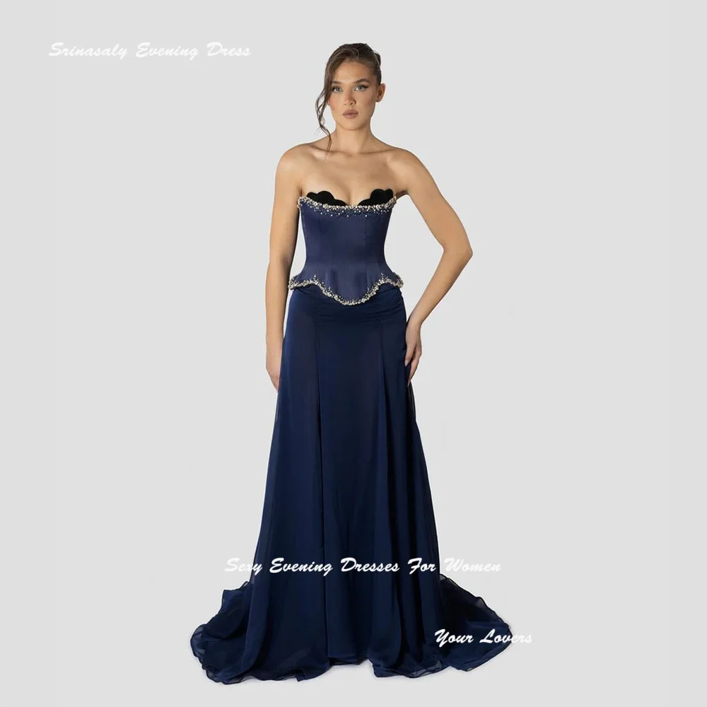 

Navy Blue Satin Wedding Dresses With Crystal-embellished Two Piece Set Evening Dresses Mermaid فساتين سهرة Formal Gown