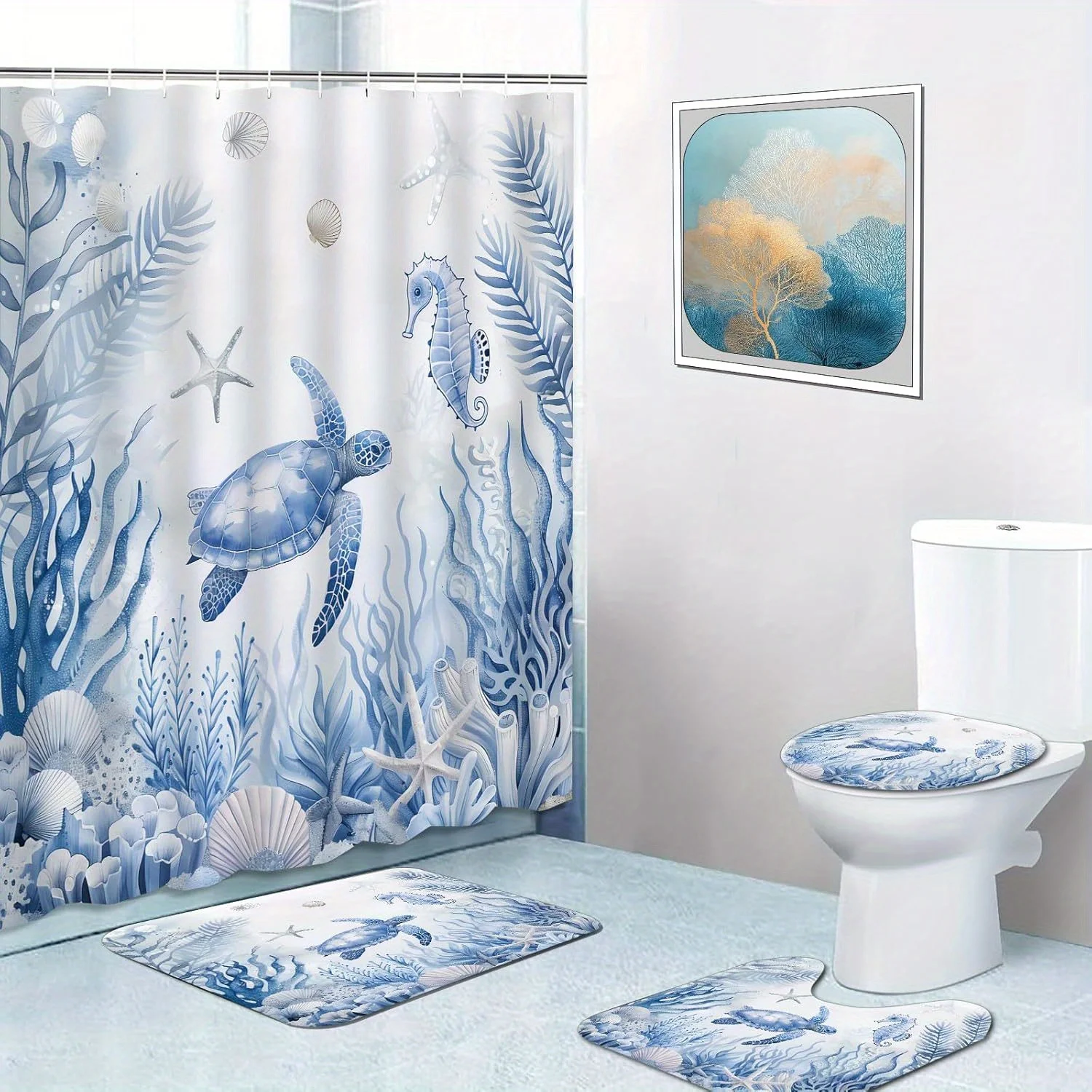 

4 шт. Морская черепаха морской жизни, можно стирать в машине, полиэфирная ткань, занавеска для душа, коврик для унитаза, нескользящий коврик, U-образный коврик