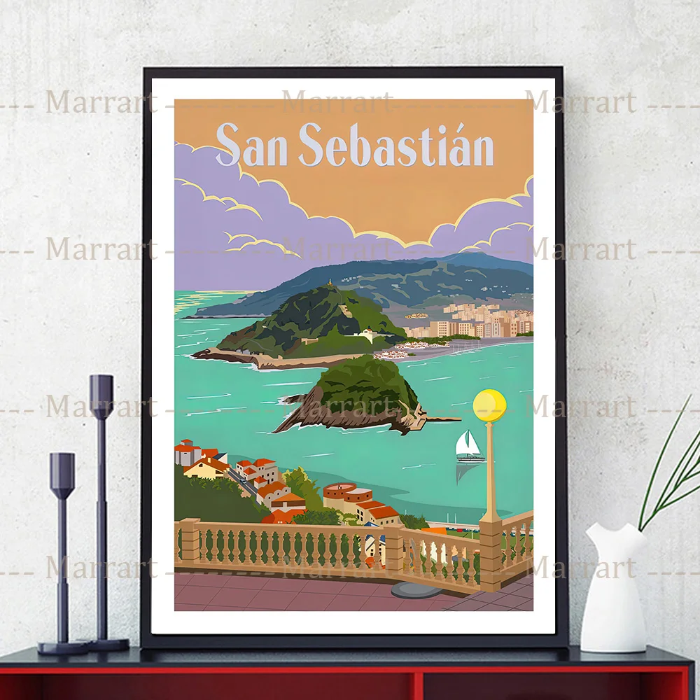 Canvas Print Stad Landschap Illustratie Abstracte Kunst Poster Print Algarve,San Sebastian,St Tropez,Malta,Bilbao,Vintage Muurkunst