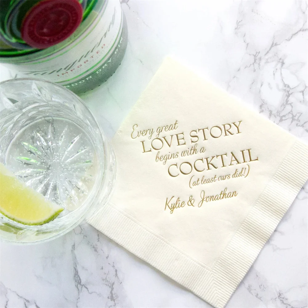 50PCS Every Great Love Story Begins with a Cocktail - Personalized Wedding Napkins, Rehearsal Dinner, Engagement Party, Custom B