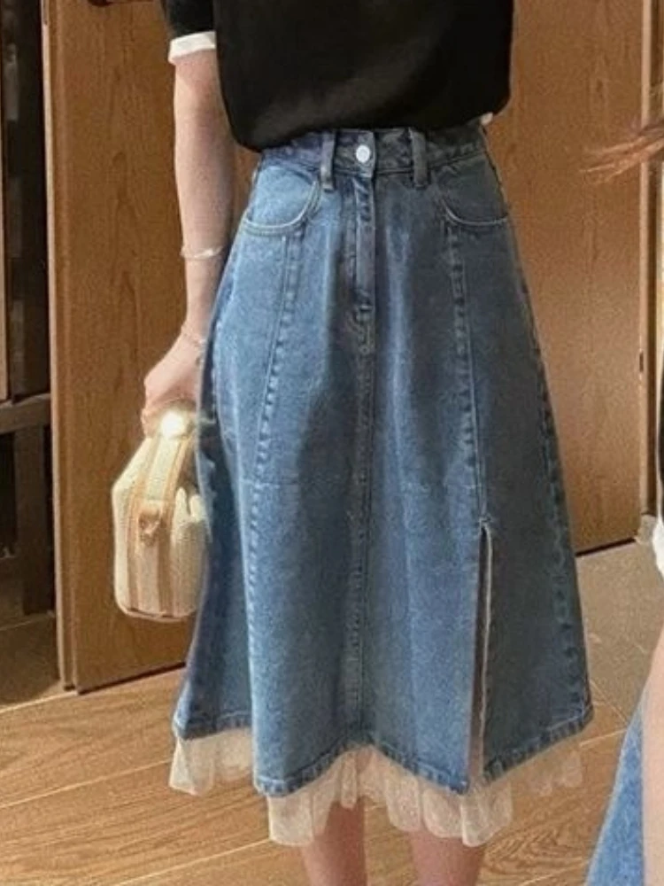 Französisch Chic Vintage A-Line Denim Rock Frauen Schlank Hohe Taille Seite Split Spitze Detail Casual Mid-Länge Rock Koreanische mode Rock