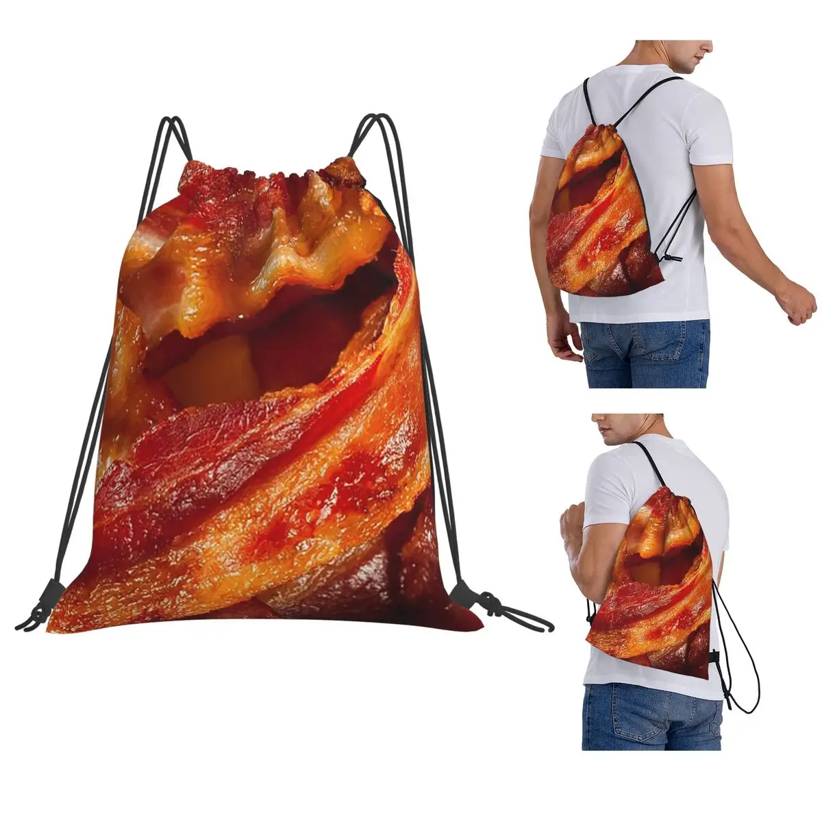 Crispy Bacon Texture Meat Lovers Backpacks Fashion Drawstring Bundle Pocket Shoes Bag Book Bags for Man Woman Students