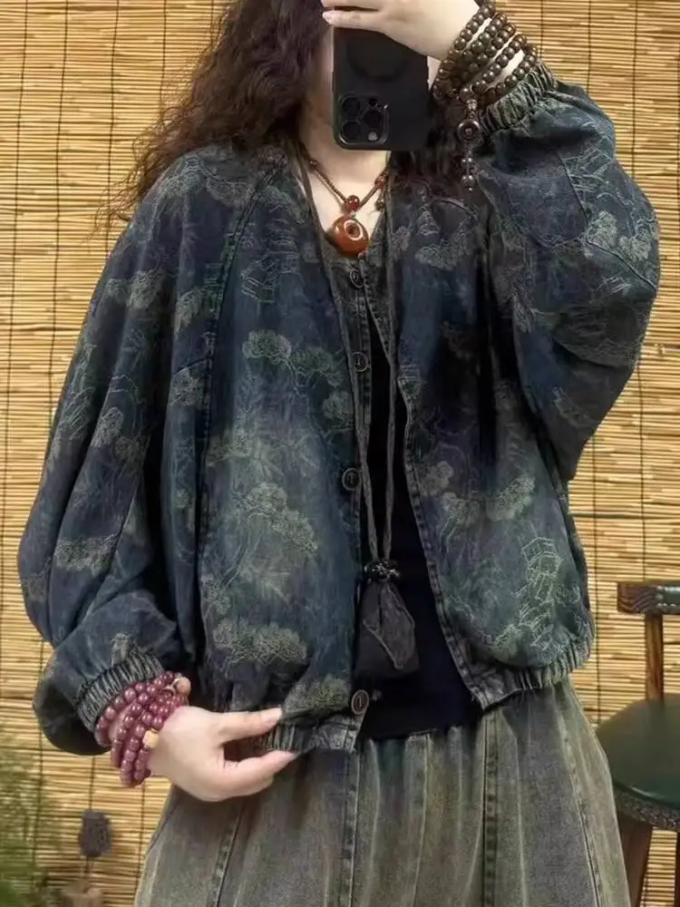 

2026 Spring Vintage Jacquard Denim Jacket For Women Loose Casual Short Button Down Jean Coat Long Sleeve Versatile Retro Jacket