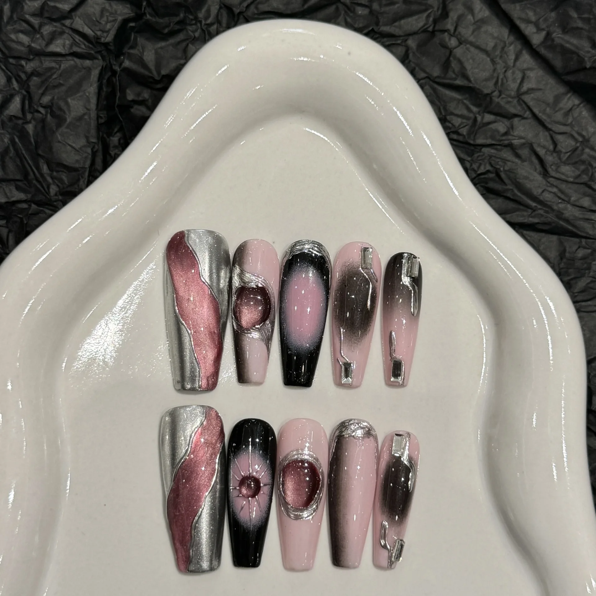 

10pcs Y2k Style Handmade False Nails Gradient Pink Black Shiny Diamond Decor Press On Nail Long Ballerina Reusable Fake Nails