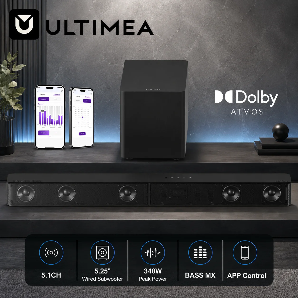 Barra de Sonido ULTIMEA 5.1 Dolby Atmos para Smart TV, Barra de Sonido de 340W con Subwoofer con Cable de 5.25'', BassMX y VoiceMX, Compatible con HDMI eARC, Bluetooth ®   5.4, Control por Aplicación