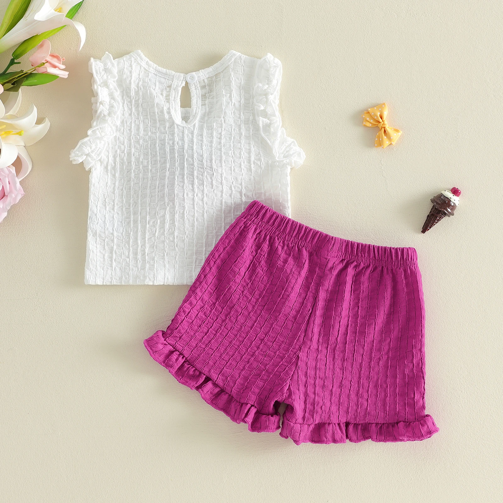 6M-3Y Toddler Baby Girl Summer Outfit Cute Ruffled Trim Decorative Cherry Crew Neck Sleeveless Tops and Shorts 2pcs Clothes Sets