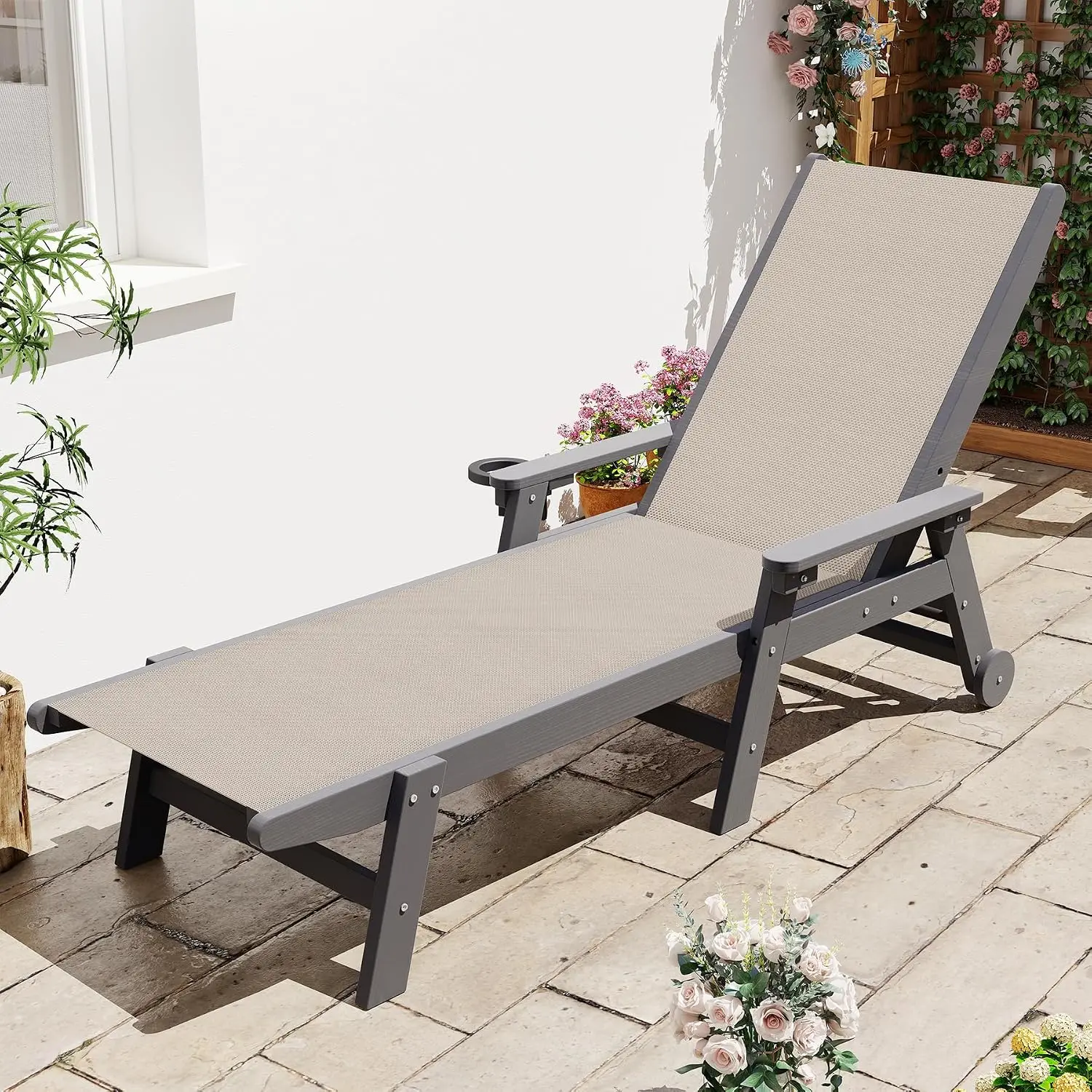 #HDPE Outdoor Lounge Chair with Wheels Adjustable 5-Position Recliner for Patio Poolside Yard Khaki, Customized