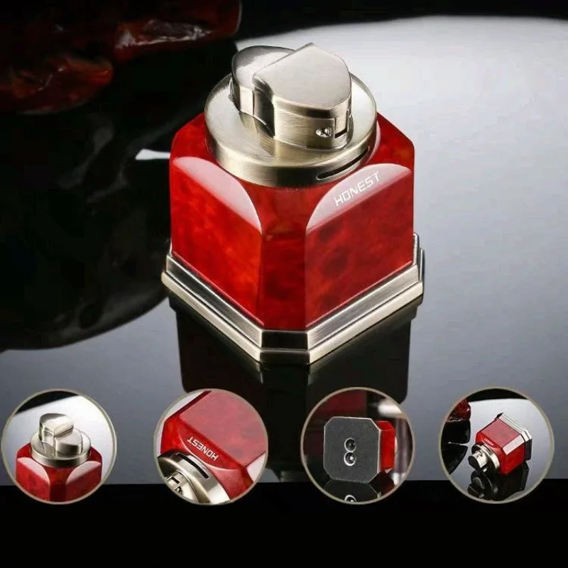 HONEST Desktop 4-Straight Jet Red Flame Butane Gas Torch Lighter One Click Ignition High end Business Cigar Lighters Smoking