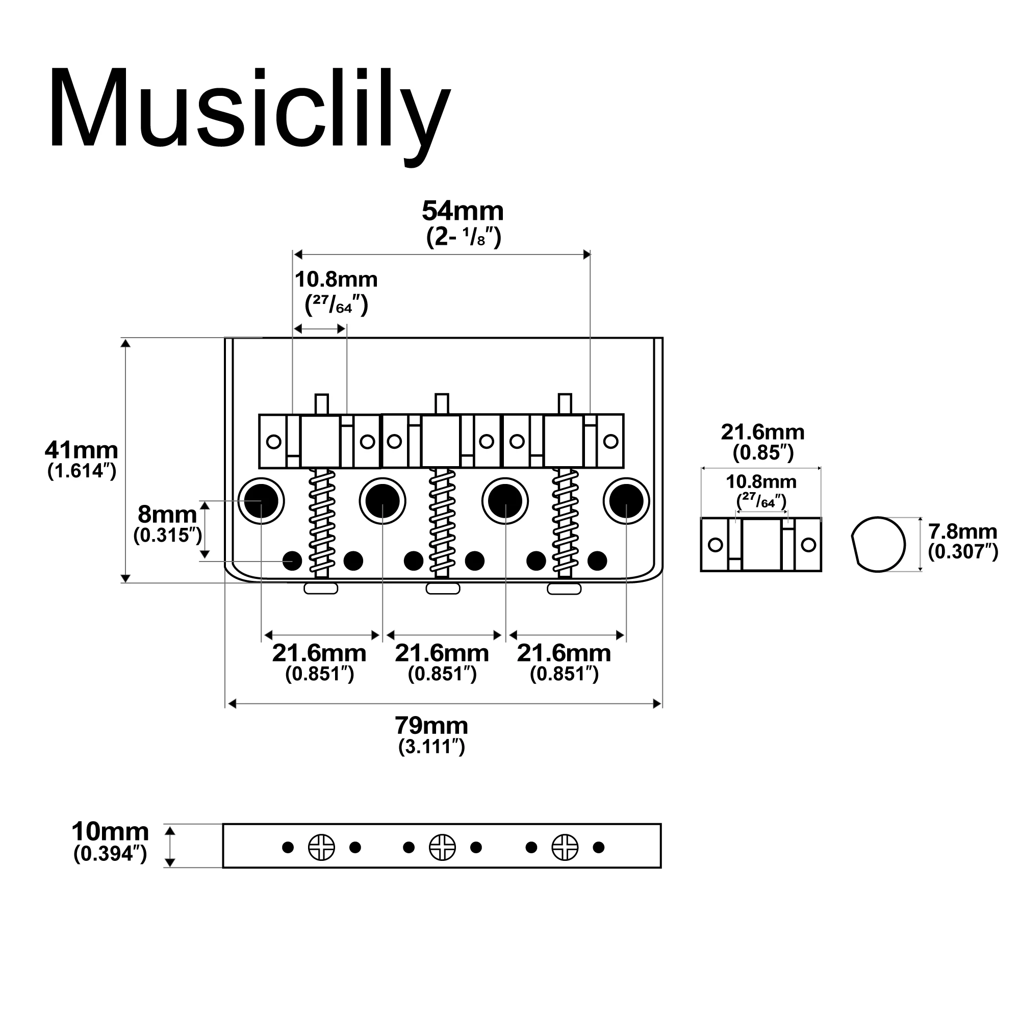 Musiclily Ultra 54mm String Spacing Full Solid Aluminum Short Plate with Brass Compensated 3-Saddle Vintage Tele Style Bridge