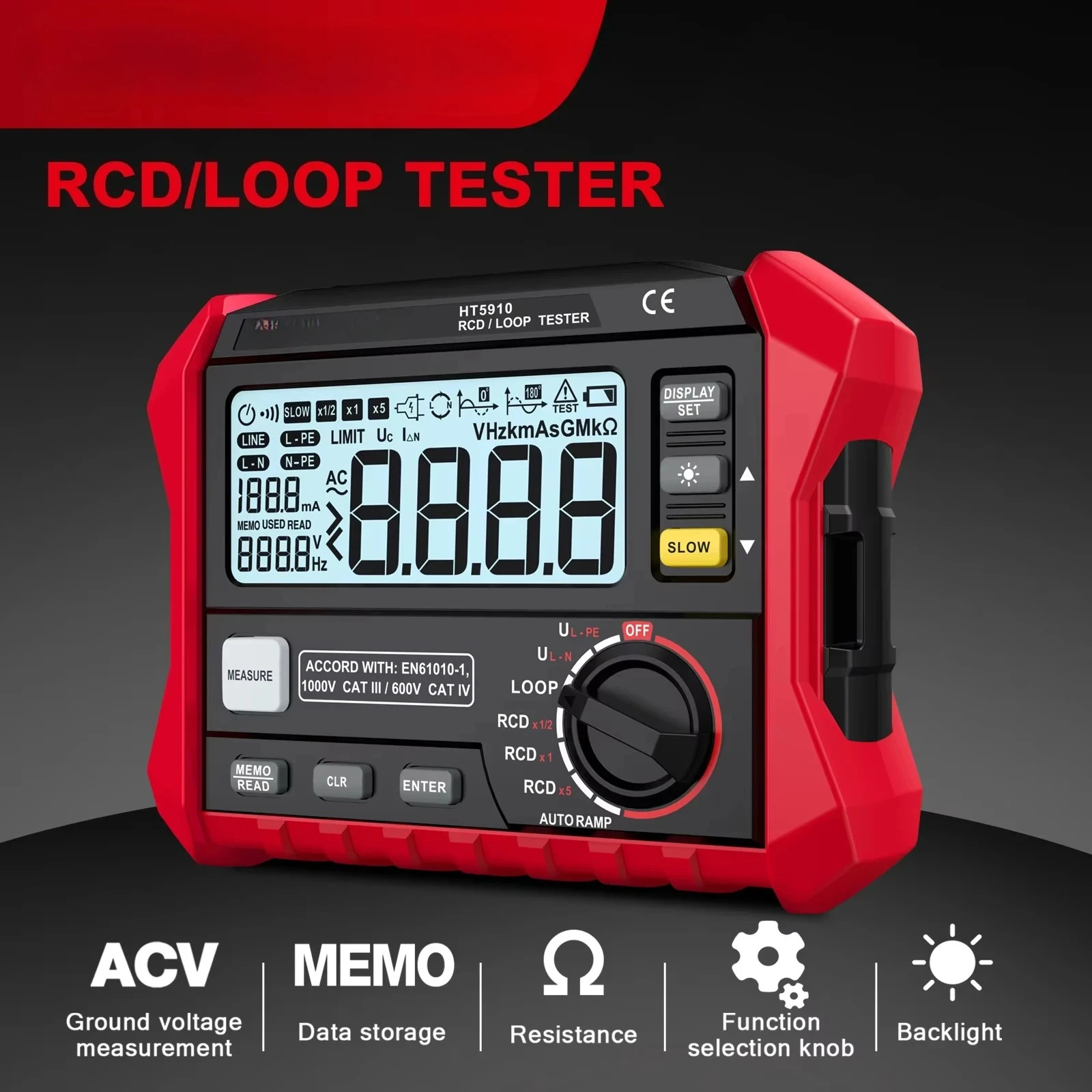 HT5910 Leakage Switch Tester LCD Digital Resistance Meter RCD/Loop Tester 1000 Data Storage Voltmeter Megohmmeter