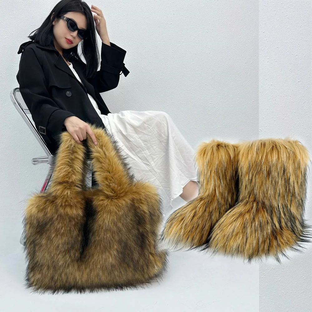 Botas de invierno cálidas y a la moda de longitud media para mujer, botas de nieve de talla grande, botas de piel de fondo plano, bolso de mano para mujer, conjunto de bolso de mano de piel