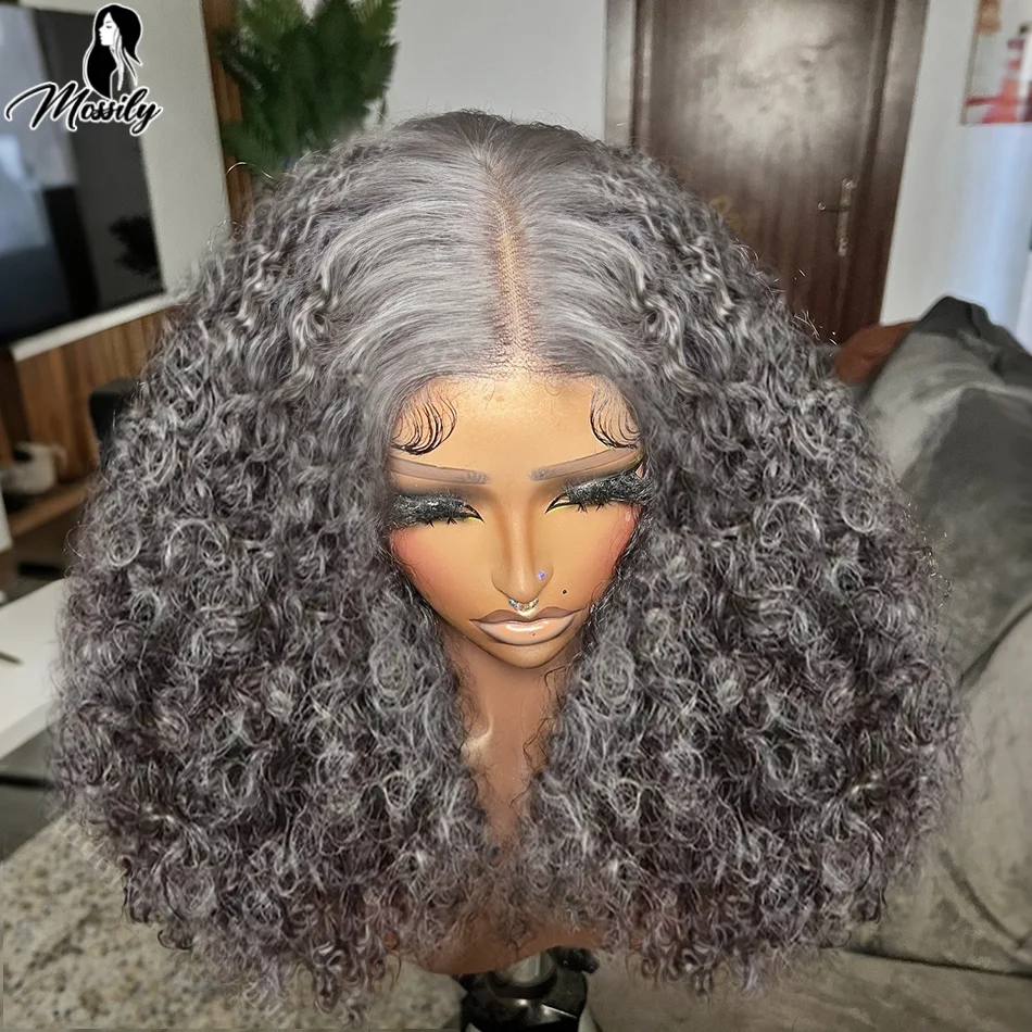 

Salt and Pepper Short Curly Human Hair Wigs Silver Grey Color Bob Wig Human Hair 100% Brazilian Deep Wave Frontal Wig For Women