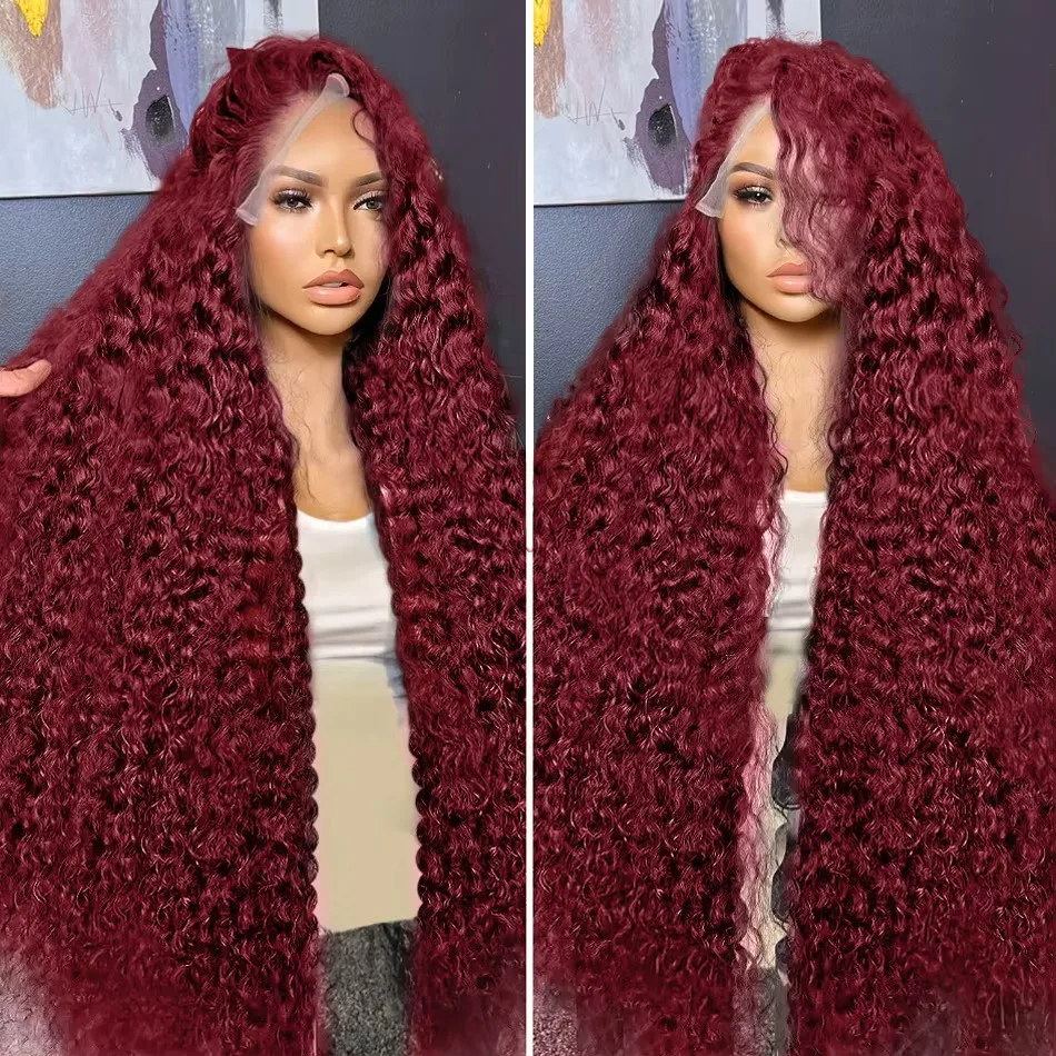 200% 32 36 Inch 99J Burgundy Curly 13x4 Lace Front Wigs Remy Deep Wave 13x6 HD Transparent Lace Frontal Wig For Women