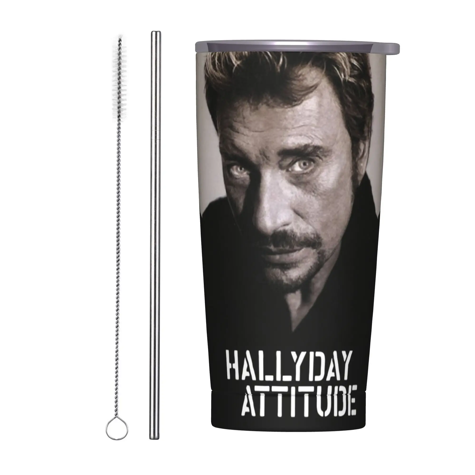 Johnny Hallyday Tumbler Vacuum Insulated Rock French Singer Coffee Cups Stainless Steel Office Home Mugs Hot Cold Drink, 20oz