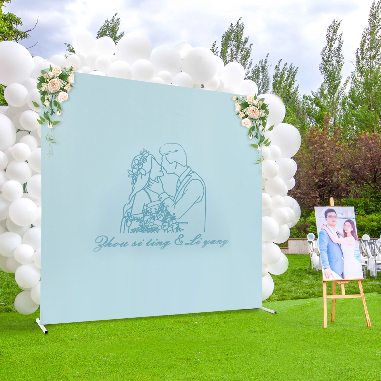 Soporte de fondo de boda blanco de 6,56 pies + cubierta elástica azul cielo, tubo de hierro de 19 mm, carga de 15,4-17,6 libras: conjunto sin herramientas para bodas