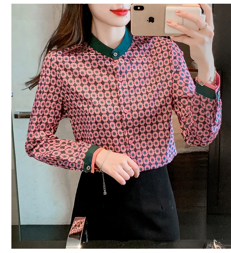 FANIECES-Blusa feminina de gola com estampa vintage, camisa de manga longa, botão para cima, luxo, elegante, outono