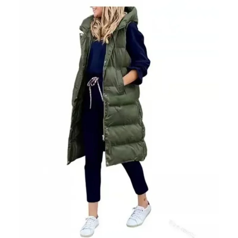 Chaleco largo de algodón para mujer, chaqueta informal sin mangas, con capucha, para mantener el calor, para invierno