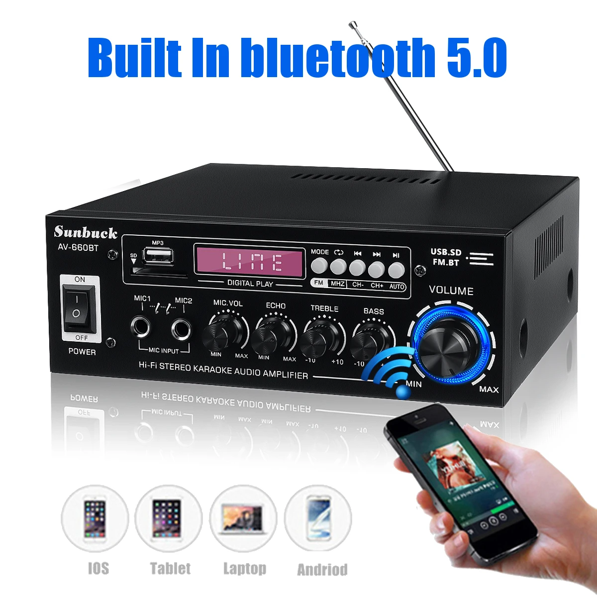 Amplificatore di potenza per auto Amplificatori audio Home Theater a 2.0 canali DC 12V 110V/220V Supporto EQ FM SD USB 2 Mic 5.0 bluetooth