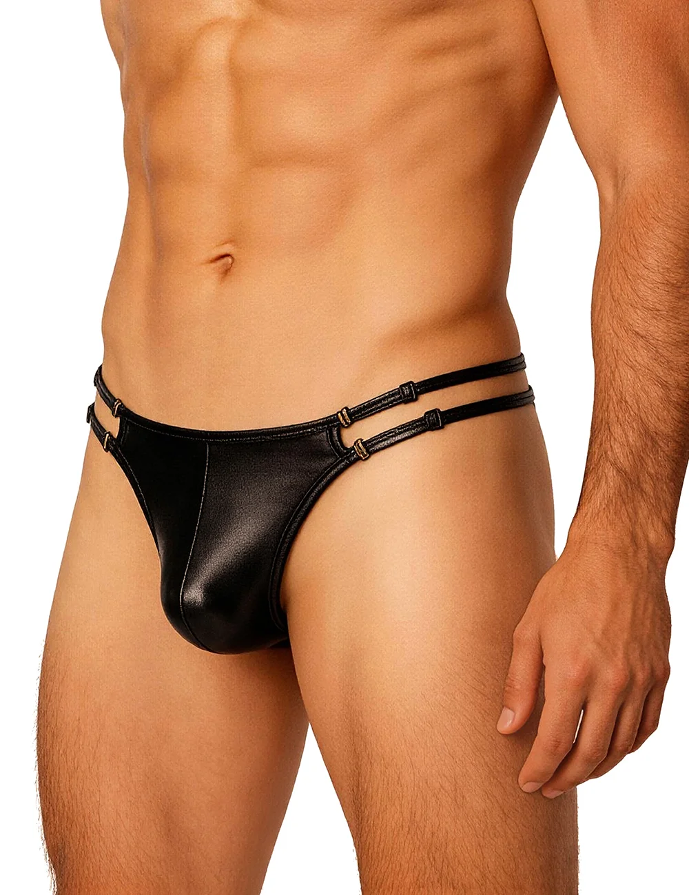 Gold Faux Leather Thong for Men Sexy U-Shaped Pouch Adjustable Double Straps Low Rise Underwear Plus Size S-XL view 4