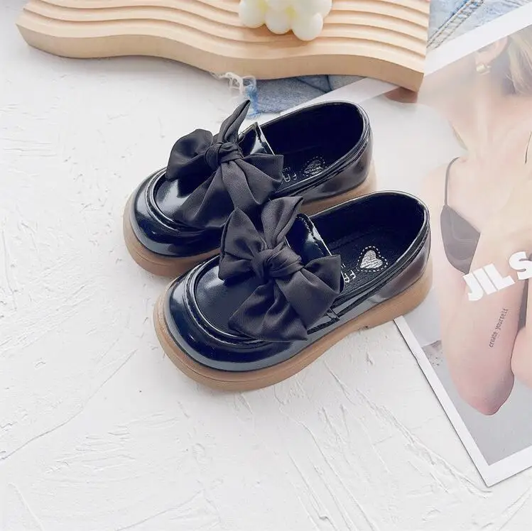 Girls' Black Leather Shoes 2024 Spring Autumn New Style Bow Knot Westernized Little Girl Princess Shoes Soft Sole Leisure 23-35