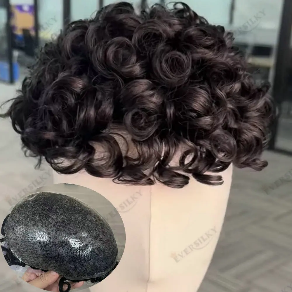 Herren-Toupet aus Echthaar, 20 mm, lockig, dünne PU-Haut, männliche Haarprothese, indisches Remy-Haarsystem, natürlicher Haaransatz, Herrenperücke – Detail 4