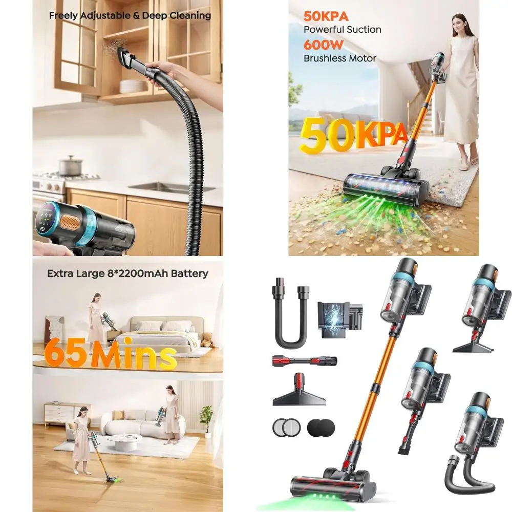 

600W 50KPA Cordless Vacuum Cleaner, 65-Minute Runtime, Extendable Hose, LED Touch Screen, Wall Mount Charger for Home and Car.