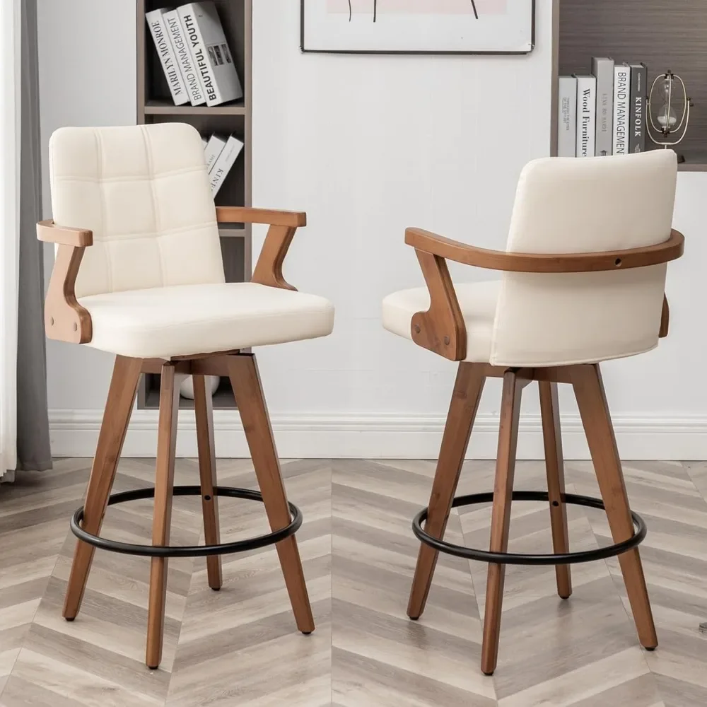 

26” Counter Height Bar Stools,Leather Upholstered Bar Chair, Swivel Bar Stools with Back and Arms，