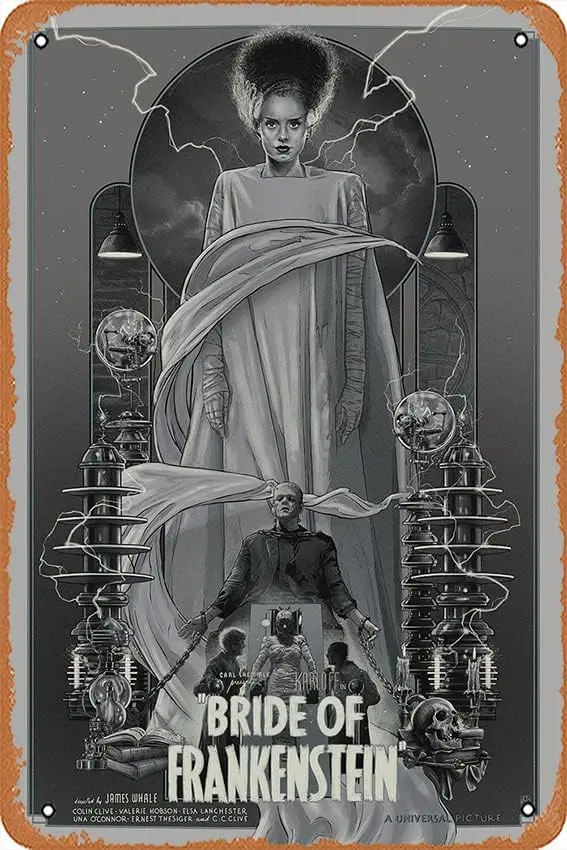 Muecddoa - Póster de película retro de metal, cartel de la novia de Frankenstein, arte de póster de película clásica, regalo para la sala de karaoke, cartel para la cabaña del hombre