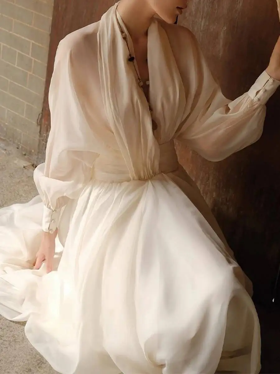 TLXT Elegante frauen Lose Sheer Gespleißt Falten Sexy Kleider V-ausschnitt Mit Langen Ärmeln Hohe Taille Mode Kleid Weibliche Kleidung Neue