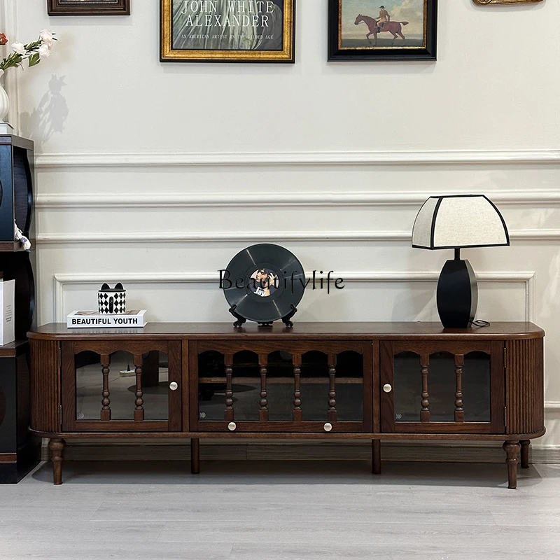 

French Retro Solid Wood Walnut Color TV Cabinet American Style Small Apartment