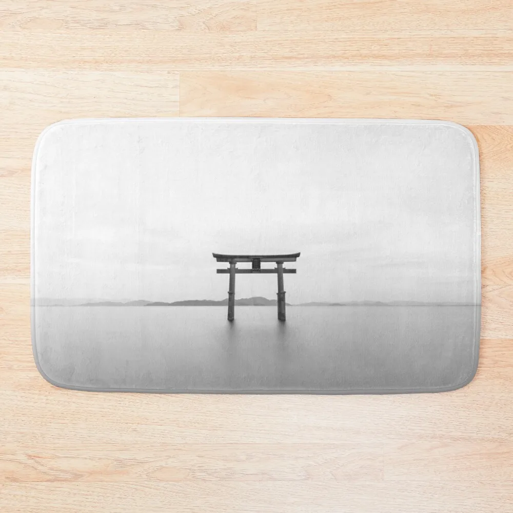 

Japanese Gate Shrine on water Shinto Inari torii photography in grayscale Bath Mat Bathtub Carpet Living Room Rug Mat
