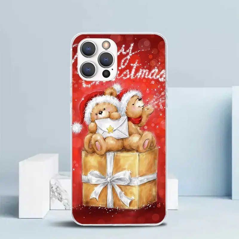 Happy Christmas Cute Bear Gift Phone Case For IPhone 16 15 14 13 12 11 Pro Max Mini XR XS X 7 Plus 8 + SE 2020 Soft TPU Back Cov