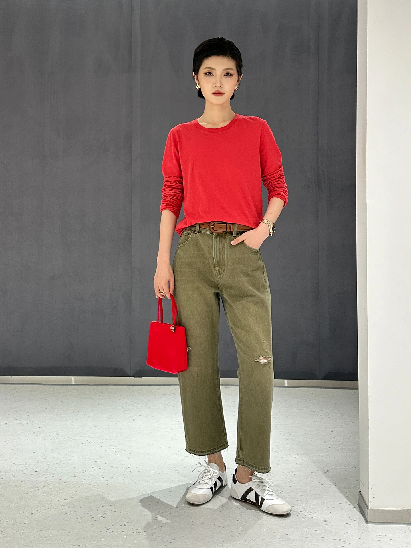 

Модные прямые джинсы в стиле милитари с высокой талией, хлопковые повседневные женские брюки свободного кроя с широкими штанинами, летне-осенний сезон